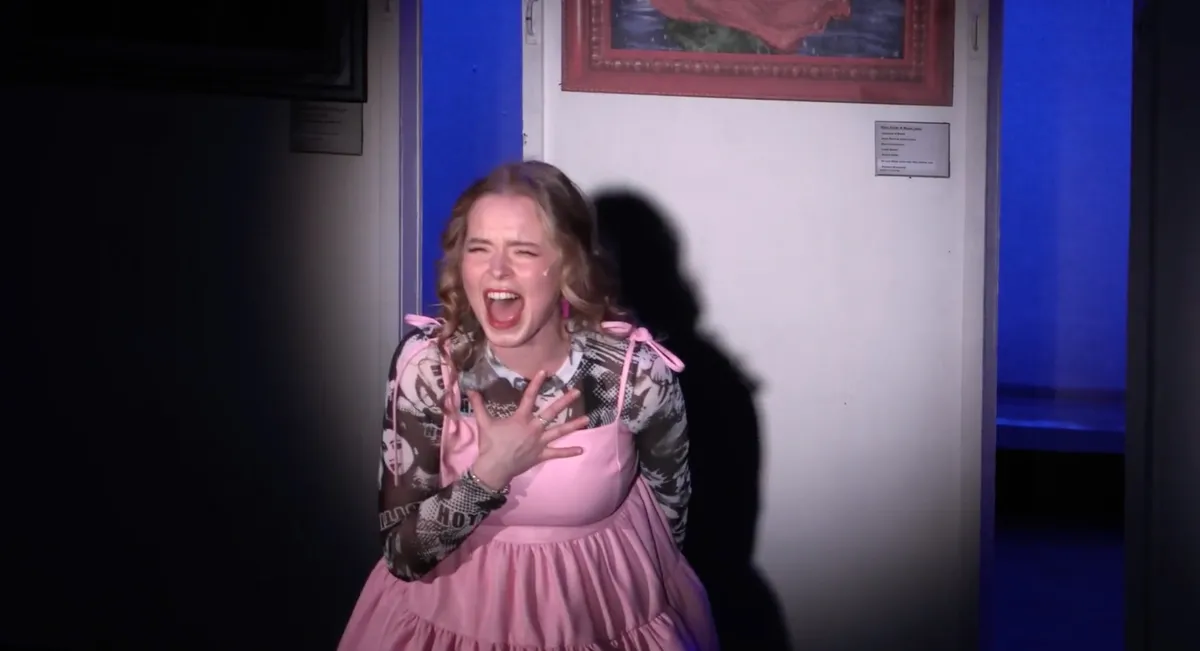 Nina Schwarz in “[Paint]fully Obvious”, on stage in a pink dress